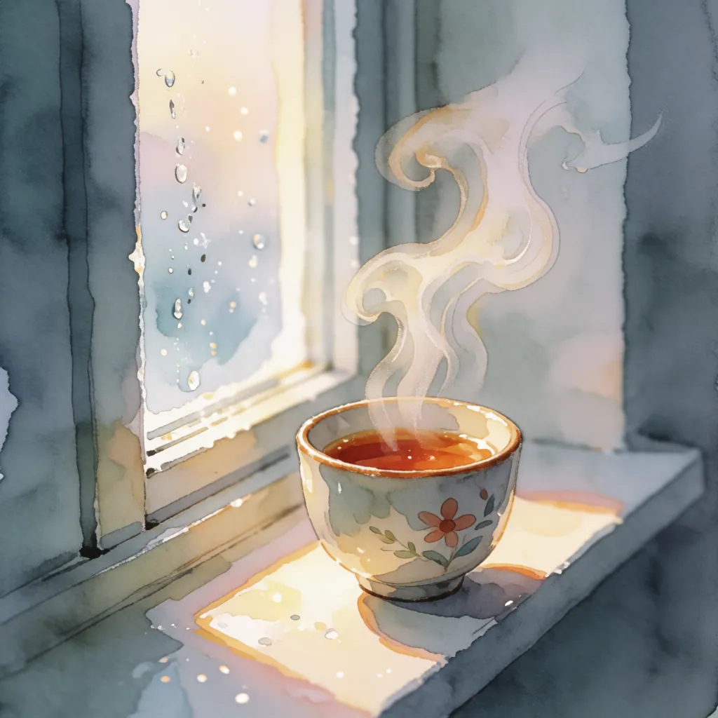 窓辺に置かれた茶碗が中心。赤みがかった茶が蒸気を上げ、その姿は柔らかな水彩の筆致で描かれている。窓ガラスには雨粒が垂れ、外は薄い青とピンクのグラデーション。光は窓から差し込み、茶碗と窓台に温かみのある黄色い光を落とす。背景はぼんやりとしたグレーで、構図は静かで落ち着いた雰囲気。画風は水彩特有の透明感と流動性があり、わずかな筆跡の不均一さが自然な美しさを醸し出している。