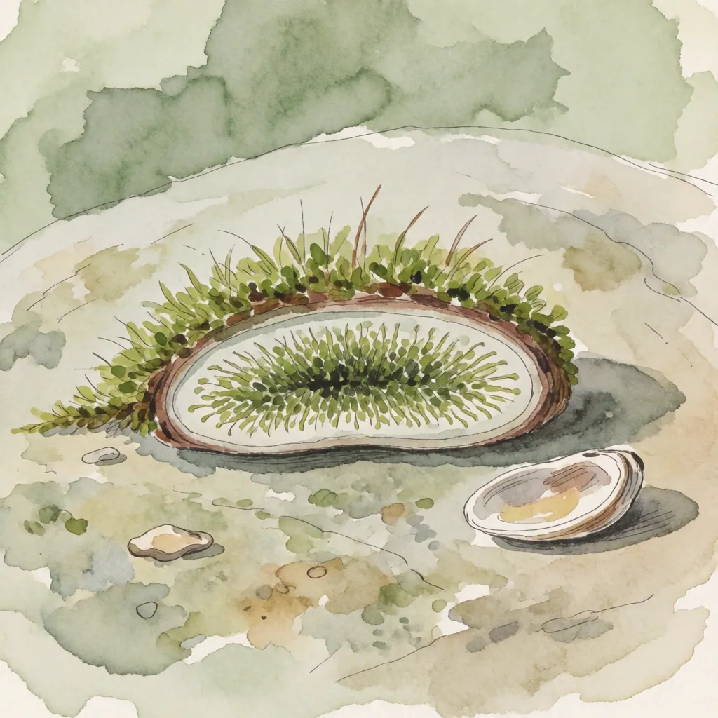 水彩画で描かれた自然の風景。中央には緑の草が生い茂る楕円形の土壌があり、その周囲は柔らかな緑と茶色の水彩で表現された湿った地面。右下には貝殻が置かれ、左下には小さな石が散らばる。色は薄い緑とベージュで統一され、光は柔らかく、影もぼんやりとした水彩の特徴を示す。構図は自然なバランスで、破綻は目立たず、全体的に静かで穏やかな印象を与える。