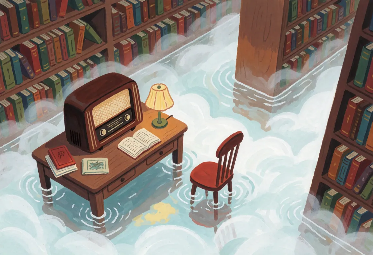 水に浸かる図書館の一角。木製の机と椅子が水に浮かび、その上には古びたラジオと開かれた本、小さなランプが置かれている。本棚は水に半分没し、水の波紋が周囲を揺らめかせている。色は温かみのある茶系と青みがかった水色で、柔らかな光が空間を包む。画風はイラストレーションで、物語の破綻はなく、静寂と寂しさが漂う。
