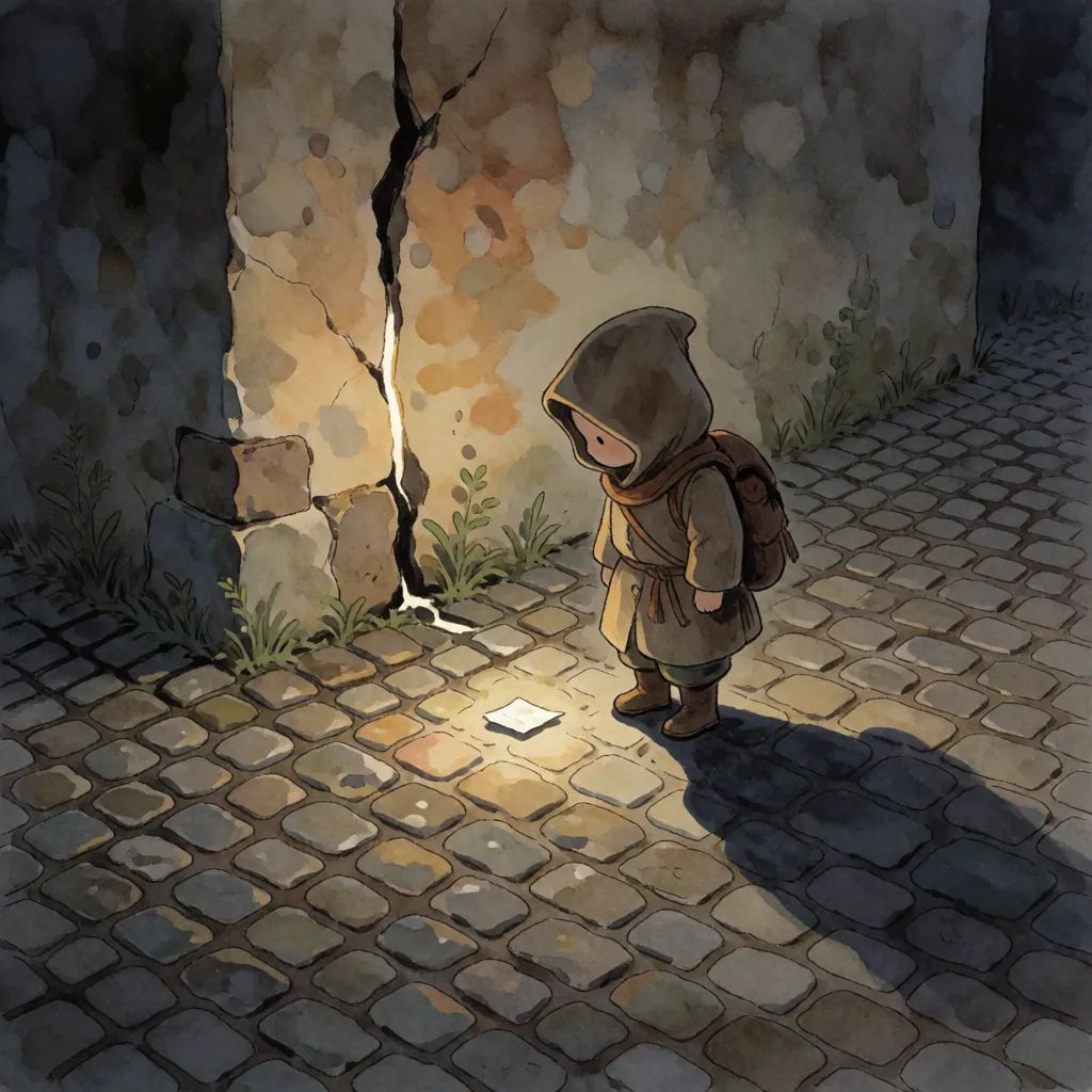 石畳の道に、小さな子供が背中を向けて立つ。 hooded なコートとバックパックを身につけ、足元には白い紙が置かれている。壁の縦裂け目から光が差し込み、その光が紙と子供の影を照らす。画風は水彩調で、色は温かみのある茶系と影の濃いグレーが対比。構図は子供が右下に、光の源が左上に位置し、視線を自然に導く。壁の裂け目は目立つ破綻として機能している。