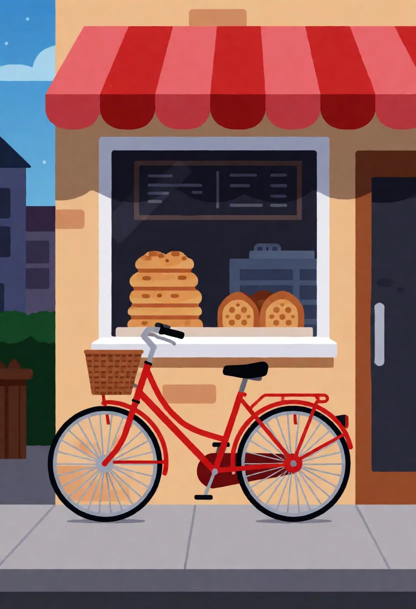 赤い自転車が店の前に停められ、バスケットは空。店の窓には、積み重ねられたクッキーと、焼きたてのパンが並ぶ。赤とベージュのストライプ屋根、黒い黒板メニュー、茶色のドアが背景。光は柔らかく、影は明確。画風はフラットで、色は鮮やかだが、線の描写は簡潔。構図は対称的で、自転車が視線の中心。全体的に静かで、日常の風景を切り取ったイラスト。