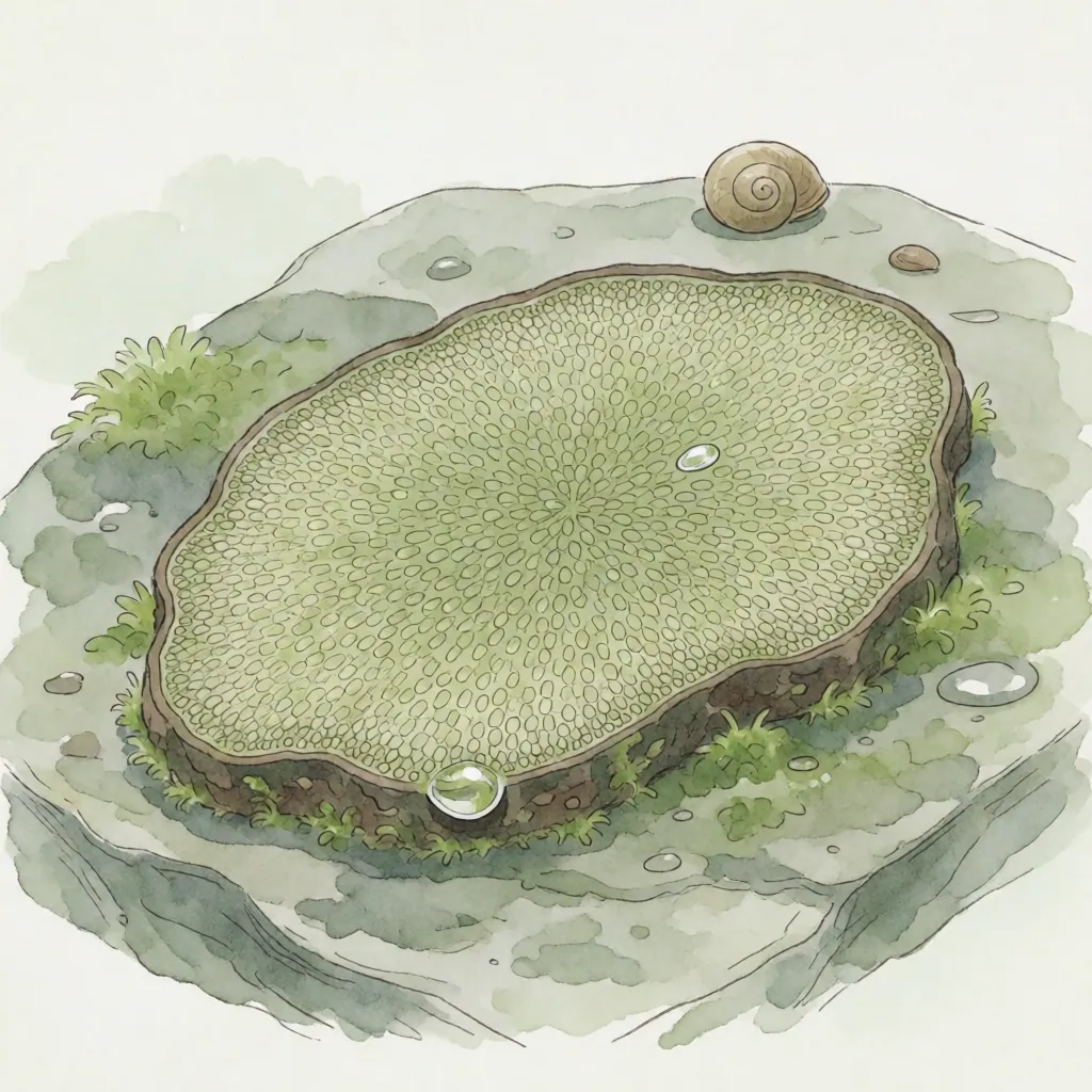 緑の苔が生い茂る岩の上に、大きな円形の苔の皿が置かれている。その周囲には小さな水滴が散らばり、右上には貝殻が静かに横たわる。構図は中心に苔皿を配置し、背景は柔らかな水彩でぼんやりと描かれている。色は淡い緑とグレーで統一され、光は均一に柔らかく、全体的に静謐で自然な雰囲気を醸し出している。画風は水彩の透け感と線の細やかさが特徴。破綻は特にない。