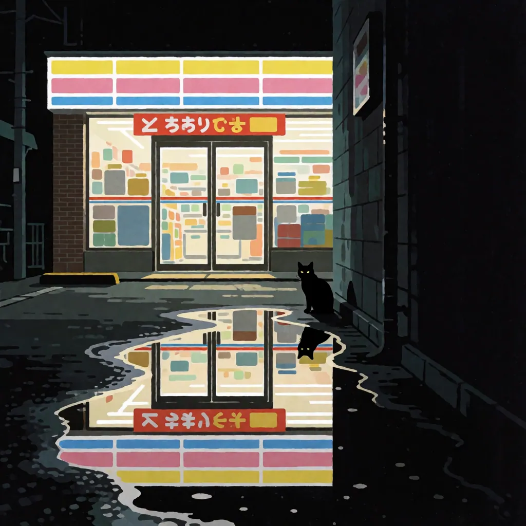夜の街角に、明るく彩られたコンビニの店舗が描かれている。店の看板と窓ガラスは鮮やかな色で、その光が濡れた地面の水たまりに映り込む。黒猫が店の前で静かに座り、その姿も水に映る。構図は対称的で、右側の壁が暗く、左側の店が明るく際立つ。画風は平面的で、色のコントラストが強い。水たまりの反射は、現実と幻想の境界を示す。