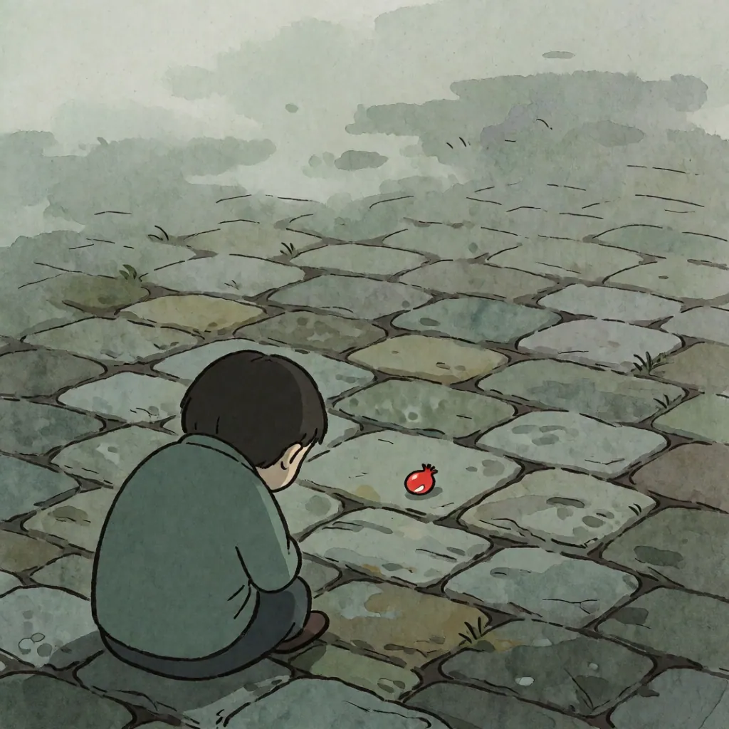 石畳の道に、背中を向けて座る少年。彼の前には小さな赤い果実が一つ、地面に置かれている。背景は薄い霧に包まれ、石の間からわずかに草が生えている。画風は水彩で、柔らかな色調とぼんやりとした輪郭が特徴。光は均一で、明確な光源はない。構図はシンプルで、少年と果実が中心に配置され、視線を引く。全体的に静寂で、少し寂しい雰囲気を醸し出している。
