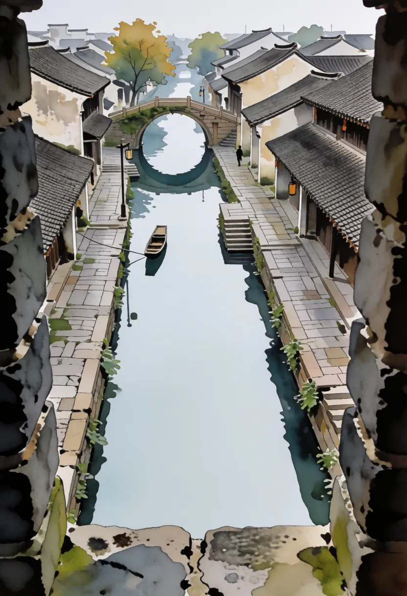 水墨風の水彩画で、石橋と小川が中央に配置され、両岸には伝統的な中国風の家屋が並ぶ。橋の下には小舟が静かに浮かび、一人の人物が歩いている。色は柔らかな青と灰、茶色で、光は薄い曇り空のように穏やか。画風は水彩の透け感と筆の軽さが特徴。右下の石垣が破損しており、構図の一部として意図的に描かれている。